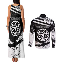 Personalized Brittany Couples Matching Tank Maxi Dress and Long Sleeve Button Shirt Coat Of Arms With Triskelion - Grunge Style - Wonder Print Shop
