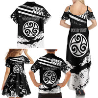 Personalized Brittany Family Matching Summer Maxi Dress and Hawaiian Shirt Coat Of Arms With Triskelion - Grunge Style - Wonder Print Shop