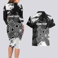 Personalized Brittany Celtic Cross Couples Matching Long Sleeve Bodycon Dress and Hawaiian Shirt With Celtic Knotwork - Wonder Print Shop