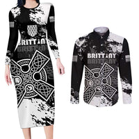 Personalized Brittany Celtic Cross Couples Matching Long Sleeve Bodycon Dress and Long Sleeve Button Shirt With Celtic Knotwork - Wonder Print Shop
