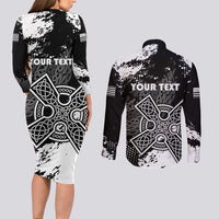 Personalized Brittany Celtic Cross Couples Matching Long Sleeve Bodycon Dress and Long Sleeve Button Shirt With Celtic Knotwork - Wonder Print Shop