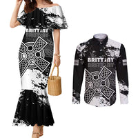 Personalized Brittany Celtic Cross Couples Matching Mermaid Dress and Long Sleeve Button Shirt With Celtic Knotwork - Wonder Print Shop