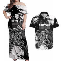 Personalized Brittany Celtic Cross Couples Matching Off Shoulder Maxi Dress and Hawaiian Shirt With Celtic Knotwork - Wonder Print Shop