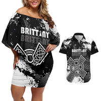 Personalized Brittany Celtic Cross Couples Matching Off Shoulder Short Dress and Hawaiian Shirt With Celtic Knotwork - Wonder Print Shop