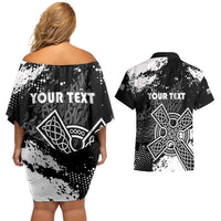 Personalized Brittany Celtic Cross Couples Matching Off Shoulder Short Dress and Hawaiian Shirt With Celtic Knotwork - Wonder Print Shop