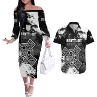 Personalized Brittany Celtic Cross Couples Matching Off The Shoulder Long Sleeve Dress and Hawaiian Shirt With Celtic Knotwork - Wonder Print Shop