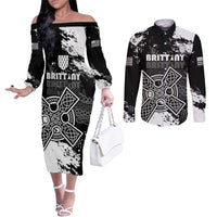 Personalized Brittany Celtic Cross Couples Matching Off The Shoulder Long Sleeve Dress and Long Sleeve Button Shirt With Celtic Knotwork - Wonder Print Shop