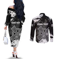 Personalized Brittany Celtic Cross Couples Matching Off The Shoulder Long Sleeve Dress and Long Sleeve Button Shirt With Celtic Knotwork - Wonder Print Shop
