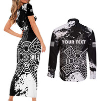 Personalized Brittany Celtic Cross Couples Matching Short Sleeve Bodycon Dress and Long Sleeve Button Shirt With Celtic Knotwork - Wonder Print Shop