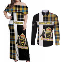 Personalized Cornwall Couples Matching Off Shoulder Maxi Dress and Long Sleeve Button Shirt Coat Of Arms - Cornish Tartan - Wonder Print Shop