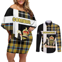 Personalized Cornwall Couples Matching Off Shoulder Short Dress and Long Sleeve Button Shirt Coat Of Arms - Cornish Tartan - Wonder Print Shop