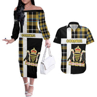 Personalized Cornwall Couples Matching Off The Shoulder Long Sleeve Dress and Hawaiian Shirt Coat Of Arms - Cornish Tartan - Wonder Print Shop