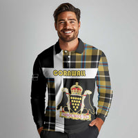 Personalized Cornwall Long Sleeve Polo Shirt Coat Of Arms - Cornish Tartan - Wonder Print Shop