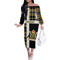 Personalized Cornwall Off The Shoulder Long Sleeve Dress Coat Of Arms - Cornish Tartan - Wonder Print Shop