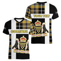 Personalized Cornwall Women V-Neck T-Shirt Coat Of Arms - Cornish Tartan - Wonder Print Shop