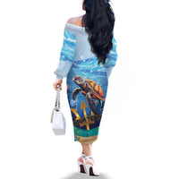 Personalised Barbados Sea Turtle Family Matching Off The Shoulder Long Sleeve Dress and Hawaiian Shirt Ocean Style - Wonder Print Shop