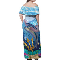 Personalised Barbados Flying Fish Family Matching Off Shoulder Maxi Dress and Hawaiian Shirt Ocean Style - Wonder Print Shop