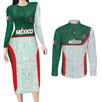 Custom Mexico Football Couples Matching Long Sleeve Bodycon Dress and Long Sleeve Button Shirt Aztec Pattern - Wonder Print Shop