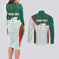 Custom Mexico Football Couples Matching Long Sleeve Bodycon Dress and Long Sleeve Button Shirt Aztec Pattern - Wonder Print Shop