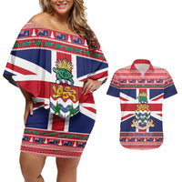 Cayman Islands Christmas Couples Matching Off Shoulder Short Dress and Hawaiian Shirt Coat Of Arms - Flag Style - Wonder Print Shop