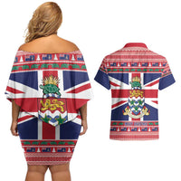 Cayman Islands Christmas Couples Matching Off Shoulder Short Dress and Hawaiian Shirt Coat Of Arms - Flag Style - Wonder Print Shop
