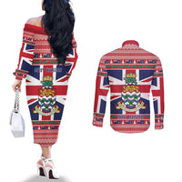 Cayman Islands Christmas Couples Matching Off The Shoulder Long Sleeve Dress and Long Sleeve Button Shirt Coat Of Arms - Flag Style - Wonder Print Shop