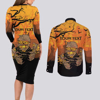 Personalized Halloween Egypt Mummy Couples Matching Long Sleeve Bodycon Dress and Long Sleeve Button Shirt Trick or Treat - Wonder Print Shop