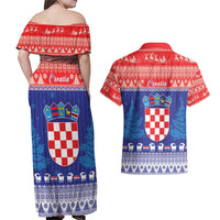 Croatia Christmas Couples Matching Off Shoulder Maxi Dress and Hawaiian Shirt Coat Of Arms Sretan Bozic - Wonder Print Shop
