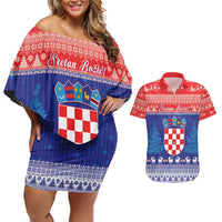 Croatia Christmas Couples Matching Off Shoulder Short Dress and Hawaiian Shirt Coat Of Arms Sretan Bozic - Wonder Print Shop
