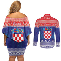 Croatia Christmas Couples Matching Off Shoulder Short Dress and Long Sleeve Button Shirt Coat Of Arms Sretan Bozic - Wonder Print Shop