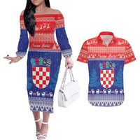 Croatia Christmas Couples Matching Off The Shoulder Long Sleeve Dress and Hawaiian Shirt Coat Of Arms Sretan Bozic - Wonder Print Shop