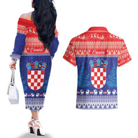 Croatia Christmas Couples Matching Off The Shoulder Long Sleeve Dress and Hawaiian Shirt Coat Of Arms Sretan Bozic - Wonder Print Shop