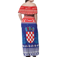 Croatia Christmas Family Matching Off Shoulder Maxi Dress and Hawaiian Shirt Coat Of Arms Sretan Bozic - Wonder Print Shop