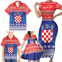 Croatia Christmas Family Matching Short Sleeve Bodycon Dress and Hawaiian Shirt Coat Of Arms Sretan Bozic - Wonder Print Shop