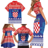 Croatia Christmas Family Matching Short Sleeve Bodycon Dress and Hawaiian Shirt Coat Of Arms Sretan Bozic - Wonder Print Shop