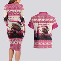 Croatia Christmas Couples Matching Long Sleeve Bodycon Dress and Hawaiian Shirt Pine Marten Playing Violin - Dark Pink Color - Wonder Print Shop