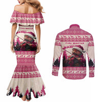 Croatia Christmas Couples Matching Mermaid Dress and Long Sleeve Button Shirt Pine Marten Playing Violin - Dark Pink Color