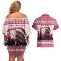 Croatia Christmas Couples Matching Off Shoulder Short Dress and Hawaiian Shirt Pine Marten Playing Violin - Dark Pink Color - Wonder Print Shop