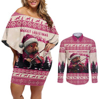 Croatia Christmas Couples Matching Off Shoulder Short Dress and Long Sleeve Button Shirt Pine Marten Playing Violin - Dark Pink Color - Wonder Print Shop
