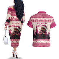 Croatia Christmas Couples Matching Off The Shoulder Long Sleeve Dress and Hawaiian Shirt Pine Marten Playing Violin - Dark Pink Color - Wonder Print Shop