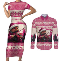 Croatia Christmas Couples Matching Short Sleeve Bodycon Dress and Long Sleeve Button Shirt Pine Marten Playing Violin - Dark Pink Color - Wonder Print Shop