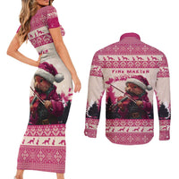 Croatia Christmas Couples Matching Short Sleeve Bodycon Dress and Long Sleeve Button Shirt Pine Marten Playing Violin - Dark Pink Color - Wonder Print Shop
