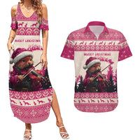 Croatia Christmas Couples Matching Summer Maxi Dress and Hawaiian Shirt Pine Marten Playing Violin - Dark Pink Color - Wonder Print Shop
