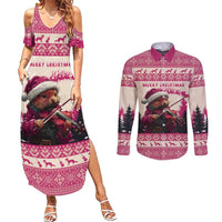 Croatia Christmas Couples Matching Summer Maxi Dress and Long Sleeve Button Shirt Pine Marten Playing Violin - Dark Pink Color - Wonder Print Shop