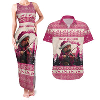 Croatia Christmas Couples Matching Tank Maxi Dress and Hawaiian Shirt Pine Marten Playing Violin - Dark Pink Color - Wonder Print Shop