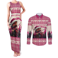 Croatia Christmas Couples Matching Tank Maxi Dress and Long Sleeve Button Shirt Pine Marten Playing Violin - Dark Pink Color - Wonder Print Shop