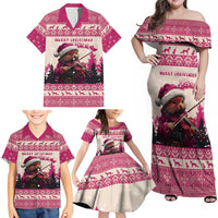 Croatia Christmas Family Matching Off Shoulder Maxi Dress and Hawaiian Shirt Pine Marten Playing Violin - Dark Pink Color - Wonder Print Shop