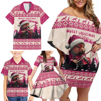 Croatia Christmas Family Matching Off Shoulder Short Dress and Hawaiian Shirt Pine Marten Playing Violin - Dark Pink Color - Wonder Print Shop