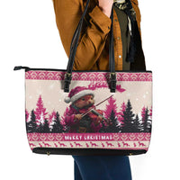 Croatia Christmas Leather Tote Bag Pine Marten Playing Violin - Dark Pink Color - Wonder Print Shop