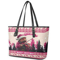 Croatia Christmas Leather Tote Bag Pine Marten Playing Violin - Dark Pink Color - Wonder Print Shop